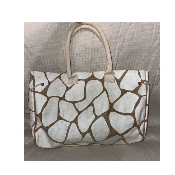 Stylish White and Brown Burlap Tote Bag - Picture 1 of 9